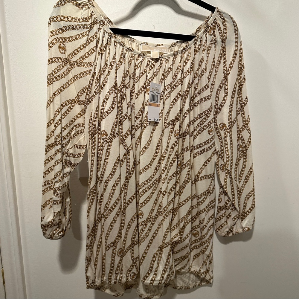 NEW Michael Kors Cream Blouse with Gold Chain Print 2X - Picture 2 of 9